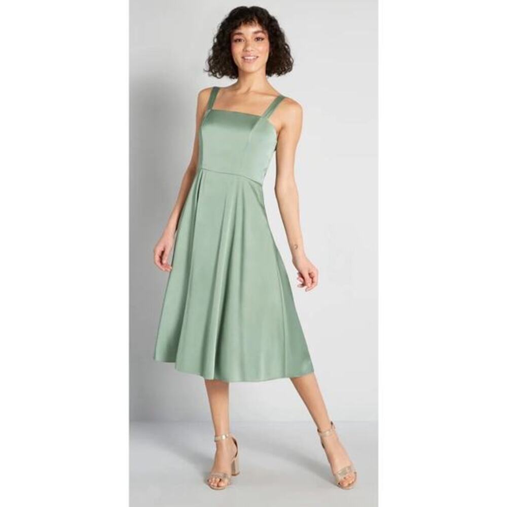 Hutch ModCloth Tie-Back Midi Fit & Flare Green Satin Dress Lined Pockets Size 18